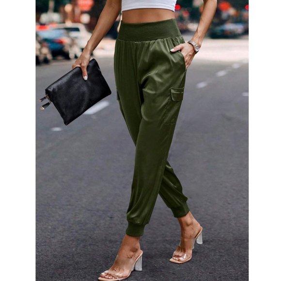 Luxe Look Satin Pocketed High Waist Joggers - Army Green - Picture 5 of 6